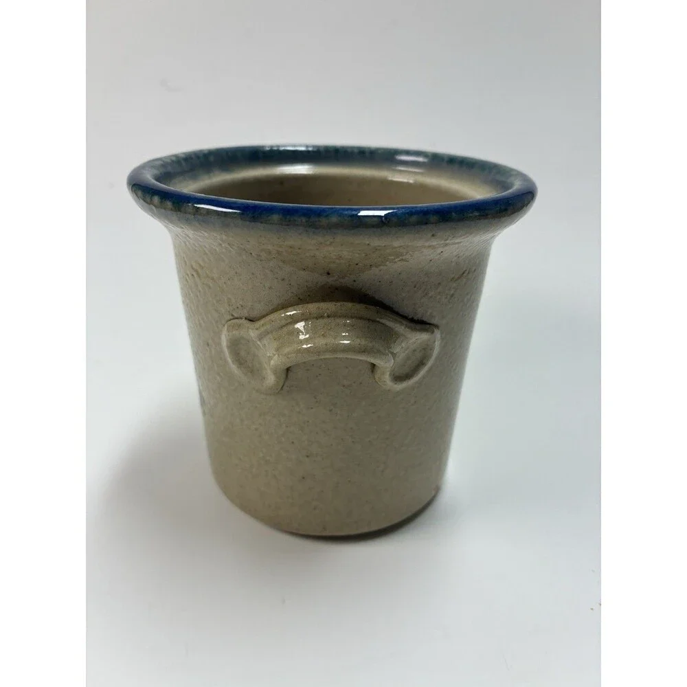 Handmade Two Handled Salt-Glazed 4” Crock With Blueberry Basket Design Country